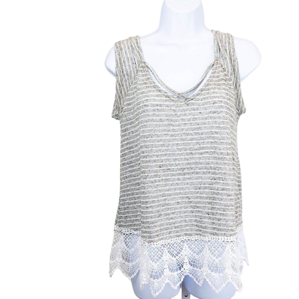 Takara Gray & White Striped Lace Hem Tank Medium
